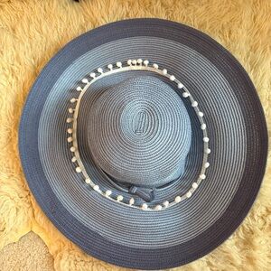 Blue Wide Brim Hat with Pom pom White Accents